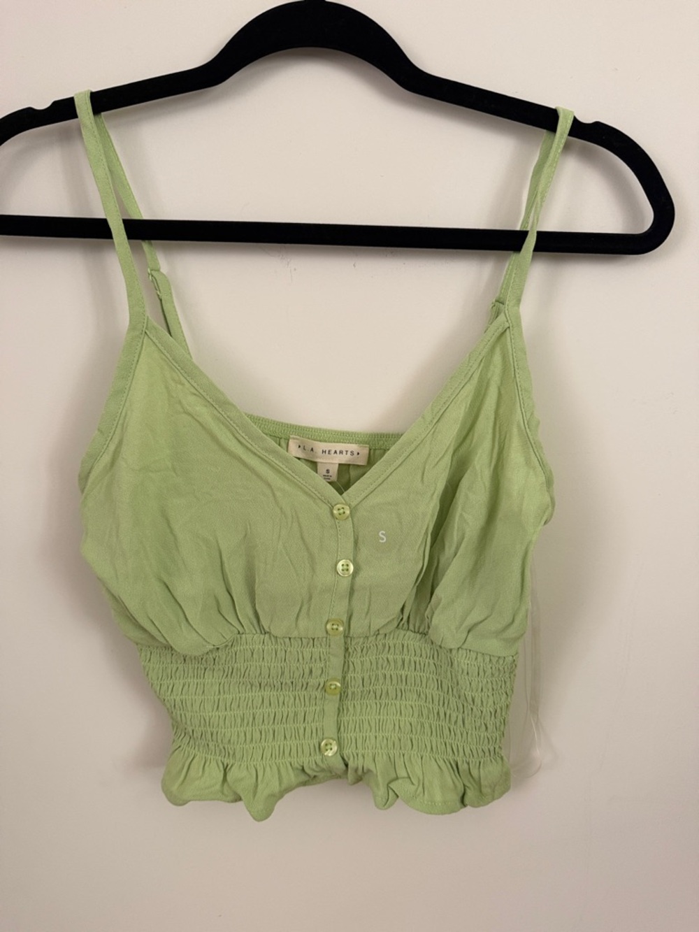 La Hearts Light Green Smocked Button-Front Crop Cami